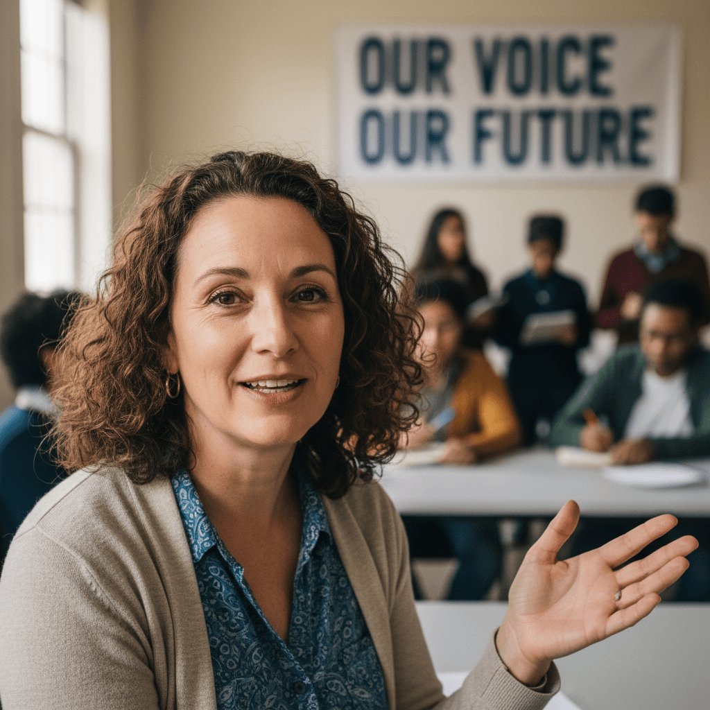 Portrait of confident community member speaking during a participatory meeting, expressing authentic engagement and personal agency
