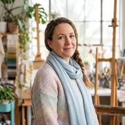 Smiling woman with long braided hair wearing a pastel sweater and scarf in a studio.